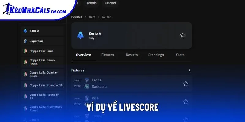 Một ví dụ về một trang Live score tiêu chuẩn